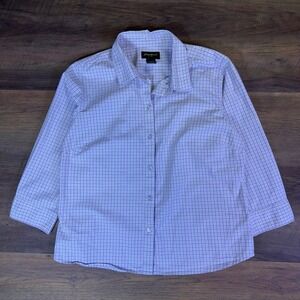 Eddie Bauer Womens Purple Gingham 3/4 Sleeve Button Down Shirt Large Stretch